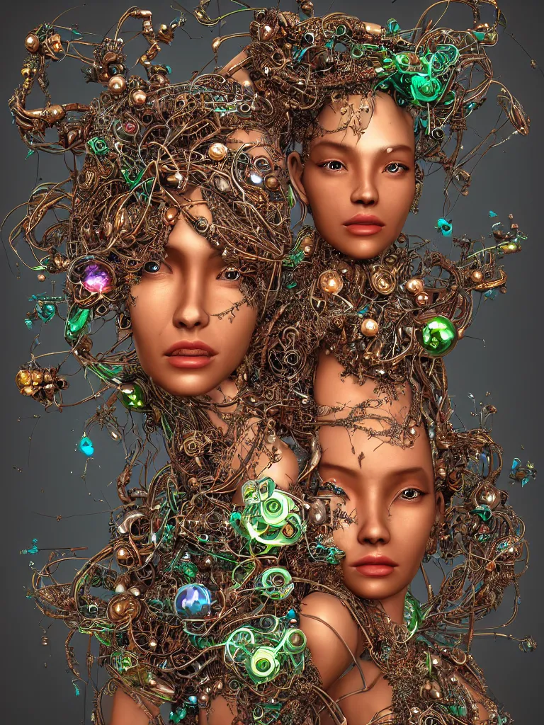 Prompt: a photo real centered image of a single beautiful tribal goddesses surrounded by intertwining bio - mech tendrils made of machine and robot parts and gemstones and leaves and feathers and incense smoke, full body, gorgeous face, perfect face, powerful, by james jean, by ross tran, 3 d, cinema 4 d render, trending on artstation, octane render, 8 k