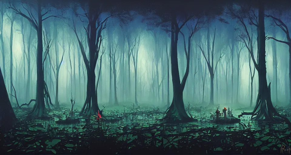 Image similar to A dense and dark enchanted forest with a swamp, by RHADS