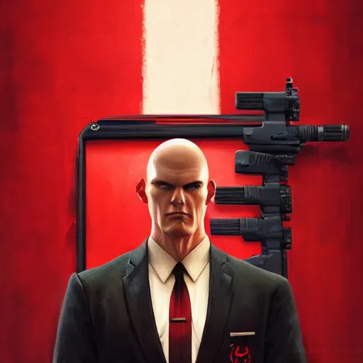 Prompt: a portrait of agent 4 7 from hitman wearing headphones in front of a wall with mounted guns, dark background, red rim light, highly detailed, digital art, artstation, concept art by giger stalenhag
