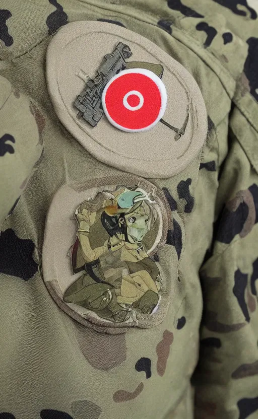 Prompt: girl, by masashi kishimoto, photo of silicone patch, insignia, soldier clothing, military gear