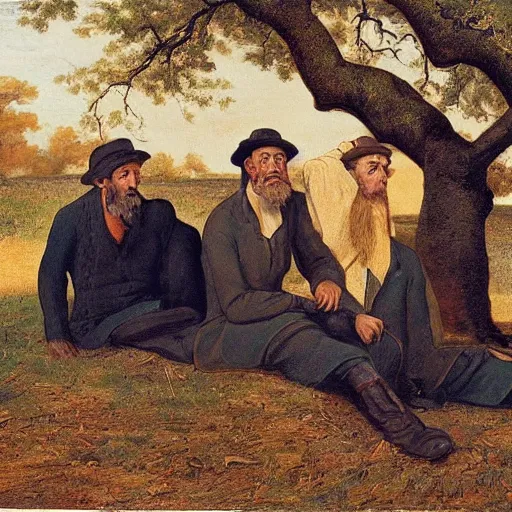 Image similar to 4 men resting by an oak tree