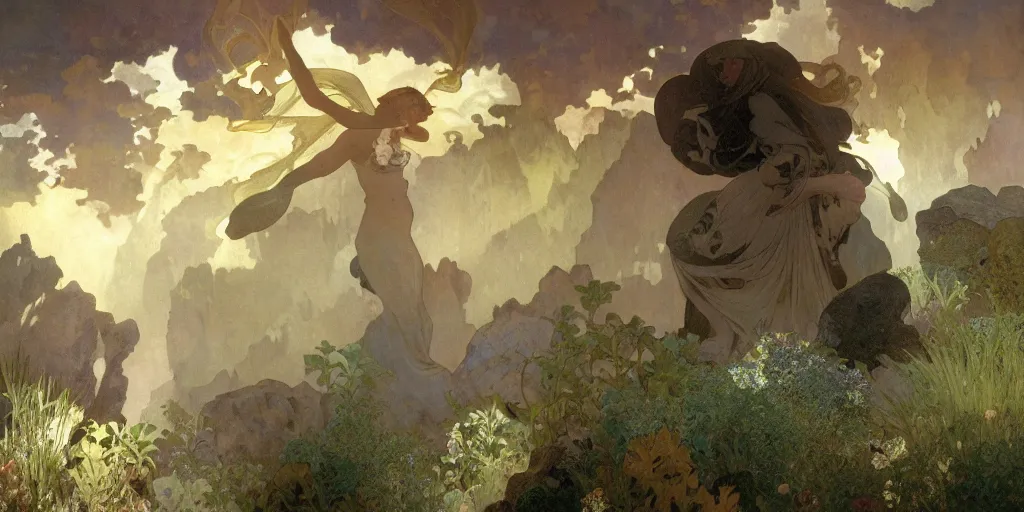 Image similar to photorealistic epic landscape with swirls of mist by alphonse mucha and maxfield parrish. ominous clouds, intense light beams, strange levitating stones, stones falling from the sky, swirls of mist by alphonse mucha. occult photorealism, uhd, amazing depth, glowing, volumetric lighting, cinematic lighting.