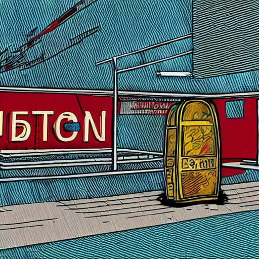 Image similar to soviet brutalist bus stop, in the style of daniel johnston and outsider art, 8k, line brush, overlaid with soviet adverts