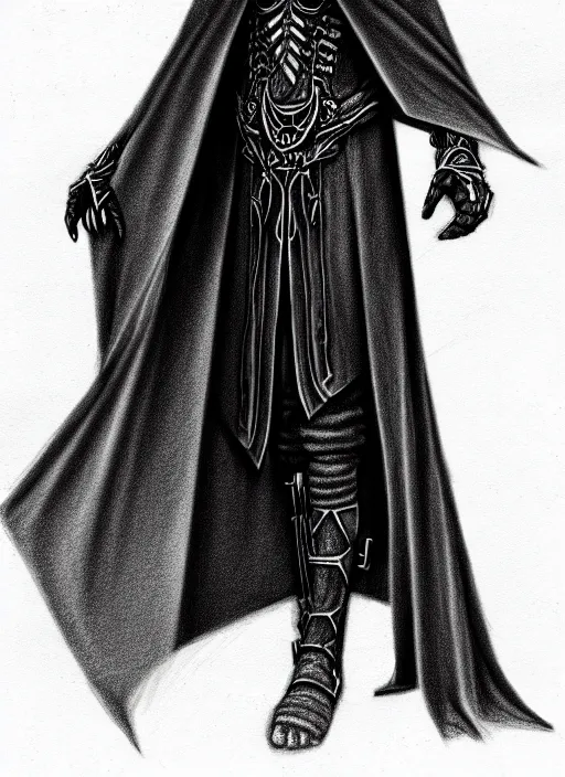 Image similar to pencil ultradetailed sketch of the necromancer, wearing a black cloak, crisp