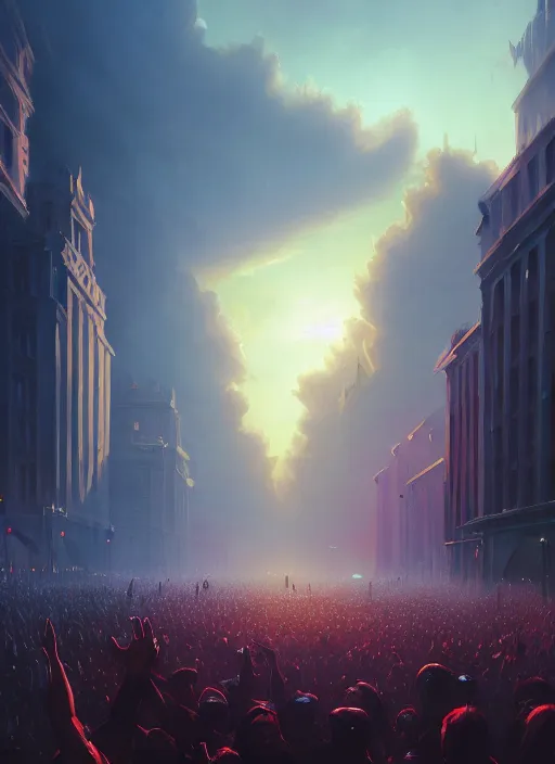 Prompt: painting of a crowd with raised arms pointing toward, demonstration in city, cinematic view, epic sky, detailed, concept art, low angle, high detail, warm lighting, volumetric, godrays, vivid, beautiful, trending on artstation, by jordan grimmer, huge scene, art greg rutkowski