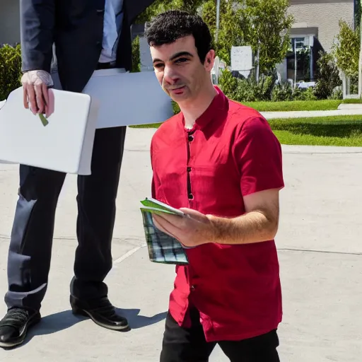 Prompt: nathan fielder walking around hell with a clipboard painted by lorenzo de'medici