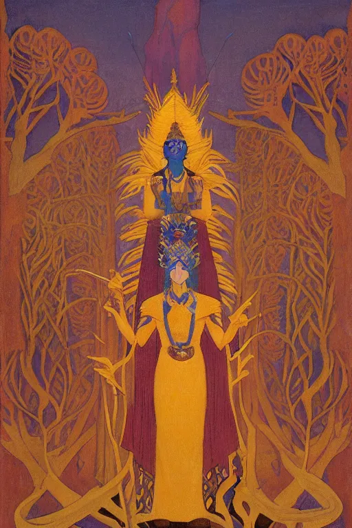 Image similar to new queen of the forest with her scepter, by Nicholas Roerich and jean delville, dramatic cinematic lighting , ornate headdress , lost civilizations, extremely detailed