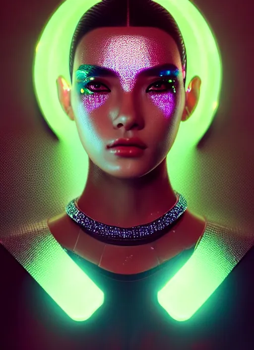 Image similar to photorealistic portrait of oriental female humanoid, glittering skin, cyber neon lights, highly detailed, cyberpunk high fashion, elegant, crispy quality, trending in artstation, trending in pinterest, glamor pose, no signature, no watermark, cinematic, art by pascal blanche