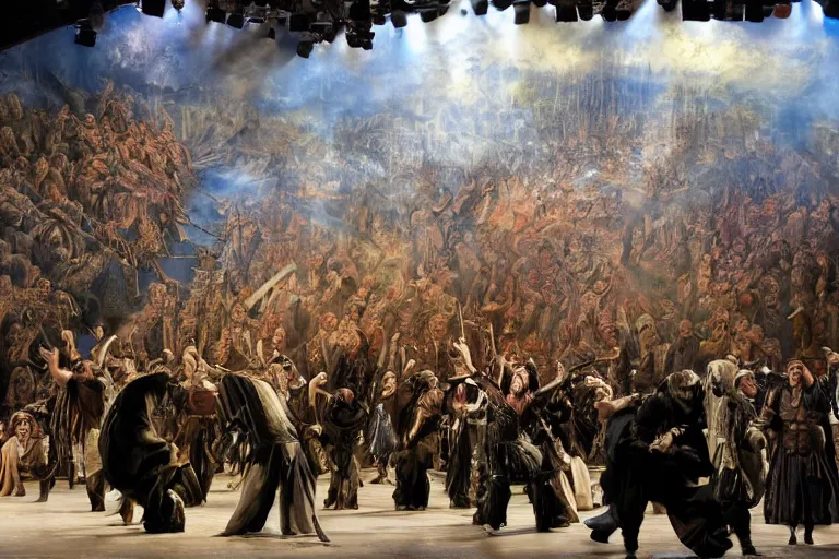 Prompt: photo of a huge theaterstage, play is nibelungen, 3 actors on stage, 8 k, multicolored, exaggerated detailed, long shot
