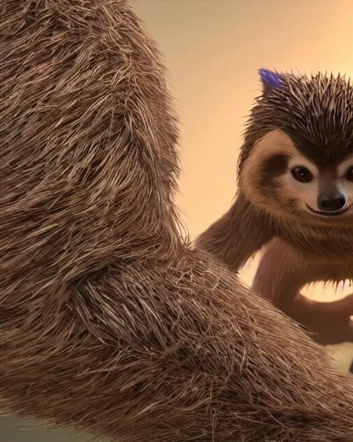 Image similar to sonic the hedgehog as a sloth, weta hyperrealism cinematic lighting and compositon