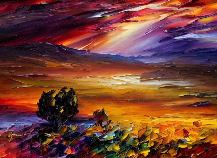 Image similar to palette knife painting of an alien landscape, sepia, muted colors, ((by Misun Afremov)), by Joshua Davison, by Justyna Kopania, by Joseph Lee