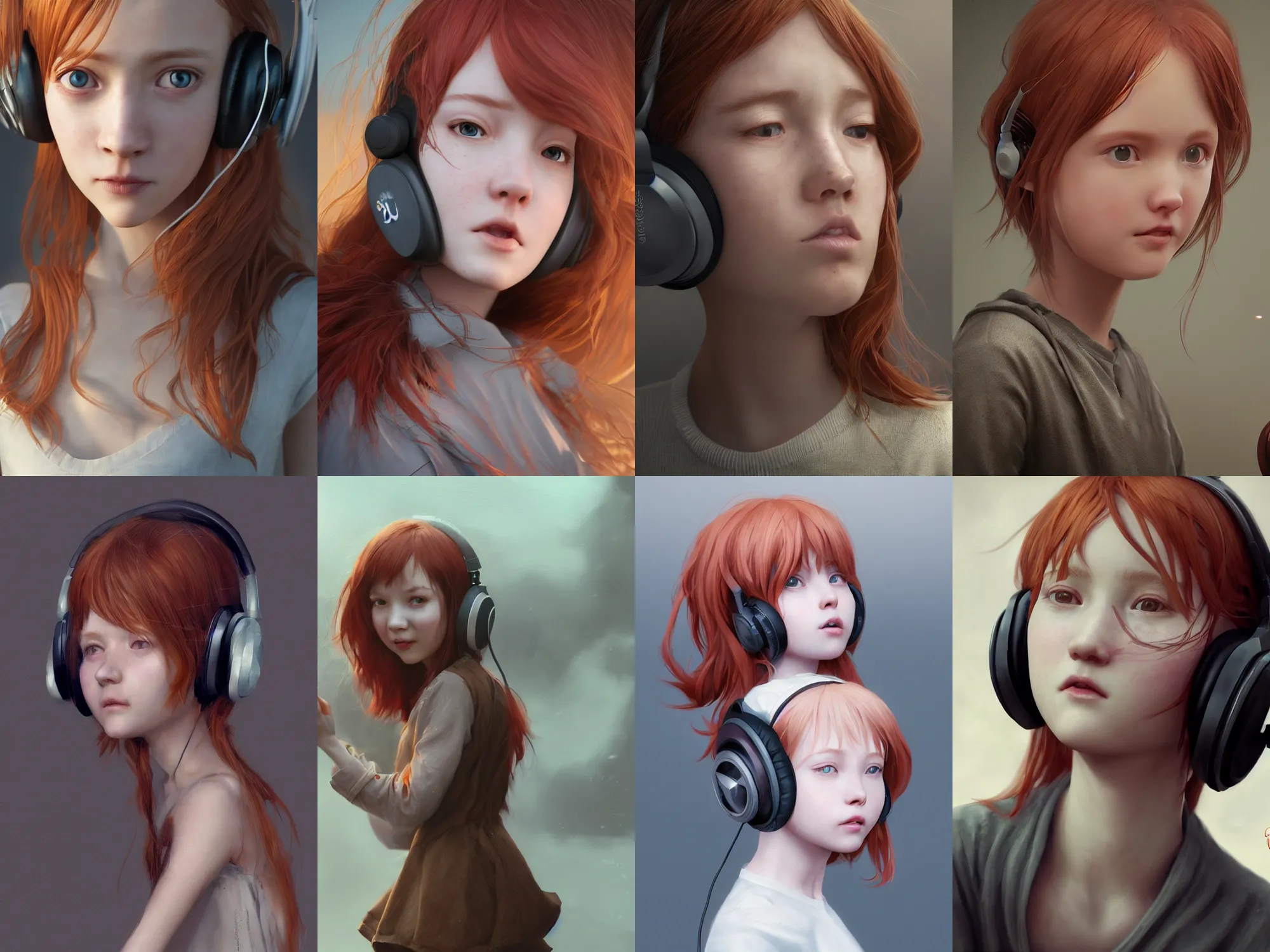Prompt: complicated dynamic composition,realistic style at CGSociety by WLOP,Greg Rutkowski,trending on artstation. Zbrush sculpt colored,Octane render in Maya and Houdini VFX,realistic close-up face of cute young redhead girl, expressing joy, dress,headphones,silky hair, deep eyes.Amazing textured brush strokes.Cinematic dramatic atmosphere,sharp focus, soft volumetric studio lighting.
