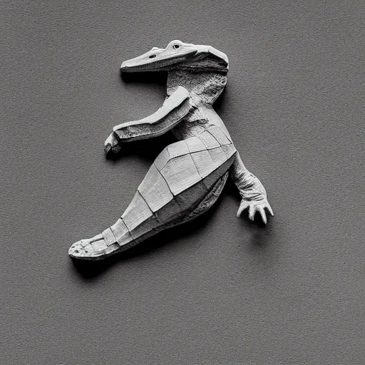 Image similar to rough plaster sculpture of an alligator on a skateboard, high resolution photograph, strong directional light, strange atmosphere