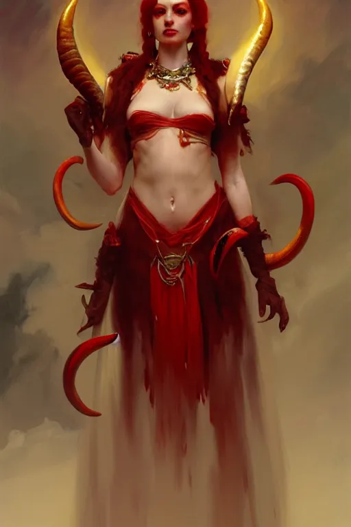 Image similar to painted close - up portrait of a attractive red - skinned intimidating demon girl with ram horns! oil painting, wearing a noblewoman's outfit, fantasy art by greg rutkowski and john singer sargent and gaston bussiere, demon noble character design, hd