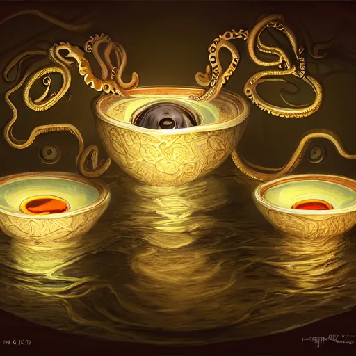 Image similar to toilet bowls with eyes and tentacles, digital artstation painting 8k intricate dramatic light