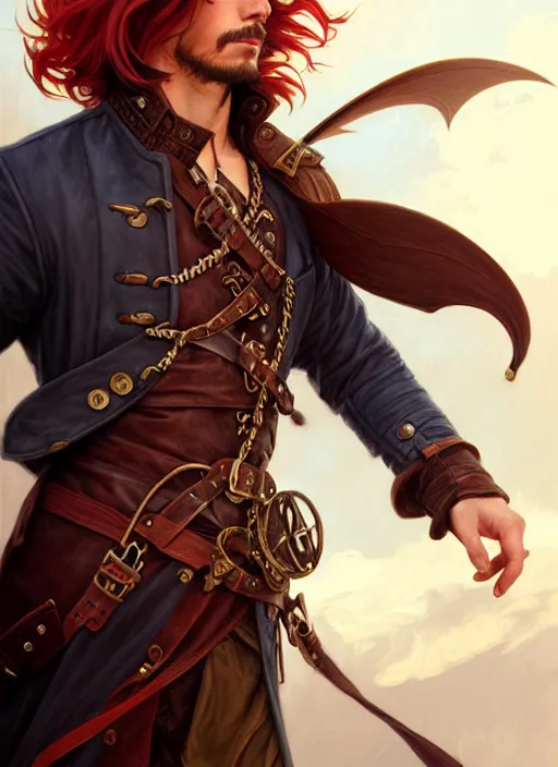 Image similar to male airship pirate, D&D, handsome, side profile, fantasy, intricate, long hair, leather coat, airship, steampunk, red hair, elegant, highly detailed, digital painting, artstation, concept art, smooth, sharp focus, illustration, art by artgerm and greg rutkowski and alphonse mucha