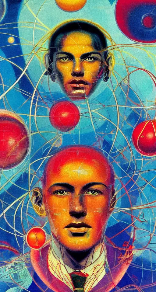 Image similar to art deco close up portait of head surrounded by spheres, rain like a dream digital painting curvalinear clothing cinematic dramatic fluid lines otherworldly vaporwave interesting details epic composition by artgerm anton pieck basquiat