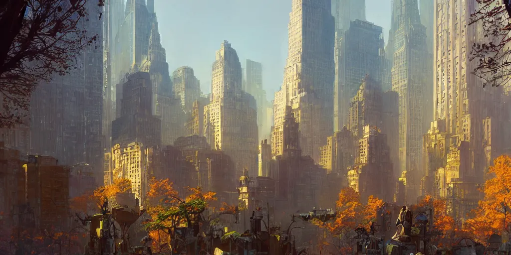 Image similar to a fantasy solarpunk statue of new york city, landscape illustration by greg rutkowski, bright sunlight, golden hour, vivid and colorful trees and plants and flowers on buildings, smooth digital concept art, 4 k, trending on artstation