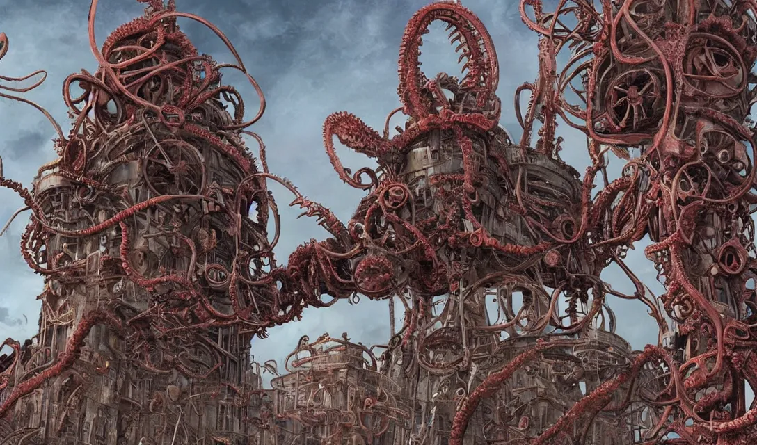 Image similar to lovecraftian biomechanical machine-tower with fleshy tendrils and eyeball at top overlooking dystopian wasteland, highly detailed, colorful with red hues