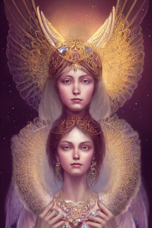 Image similar to A beautiful digital painting of a female Seraphim full of jewels, princess, the moon behind her, intricate, cinematic lighting, highly detailed, digital painting, Artstation, concept art, smooth, sharp focus, illustration, art by Tom Bagshaw, Artgerm and Greg Rutkowski