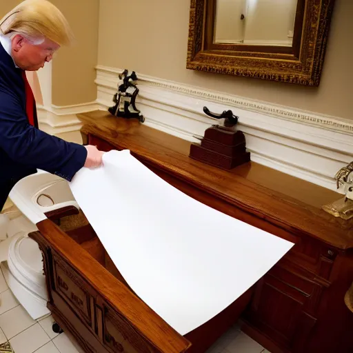 Image similar to donald trump putting peices of paper into an open toilet in the white house bathroom, 8 k photo