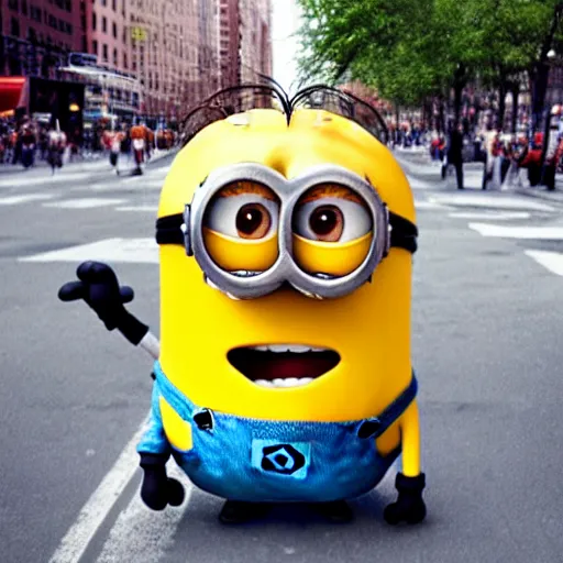 Image similar to 4 k instagram photo of a huge minion walking in new york city