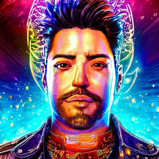 Prompt: the portrait of a glorious man in front of a massive rainbow explosion, hyperrealistic anime illustration by kim jung gi, iralki nadar, extremely detailed intricate linework, reflective eyes, smooth, super sharp focus, bright colors, high contrast, matte, octopath traveler, unreal engine 5 highly rendered, global illumination, radiant light