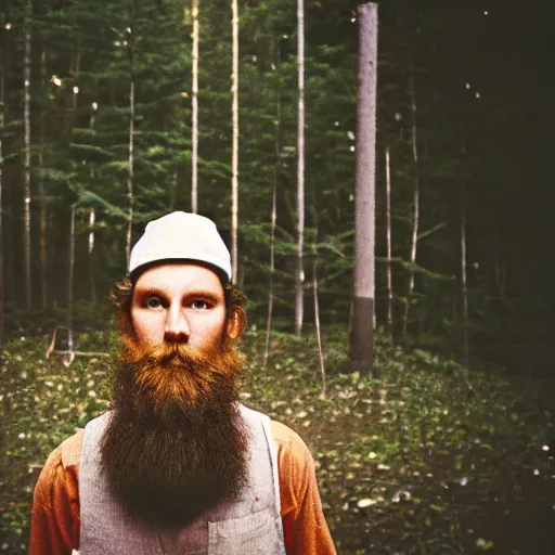 Prompt: symmetrical mushroom wizard beard, in a forest in twilight, 70s, polaroid, DOF, grain, kaleidoscope