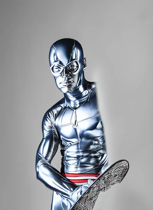 Prompt: A full portrait photo of silver surfer marvel surf board, f/22, 35mm, 2700K, lighting, perfect faces, award winning photography.