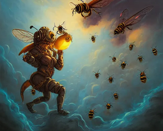 Prompt: Beekeeper warrior summoning an army of bees to descend on their foes, peter mohrbacher, anato finnstark, artgerm