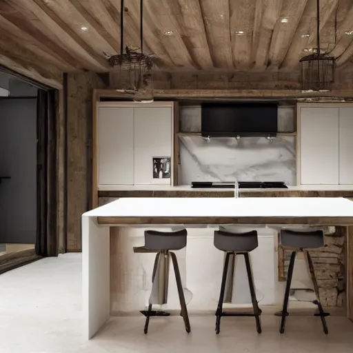 Image similar to luxury bespoke kitchen design, modern rustic, Japanese and Scandinavian influences, understated aesthetic, innovative materials and texture, by Roundhouse Design