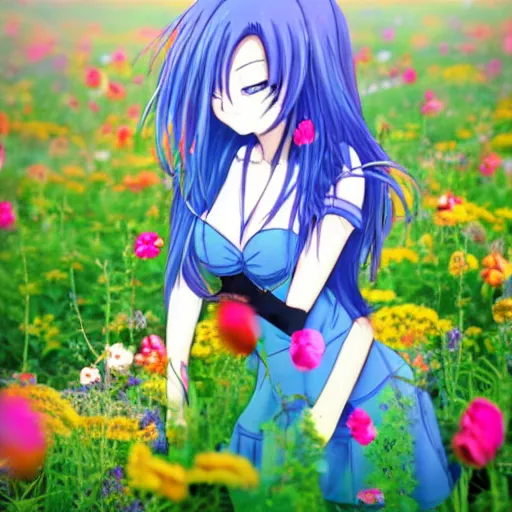 Prompt: anime girl with blue hair in a field of flowers