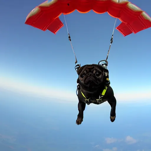 Image similar to Skydiving Pug, 4k, photorealistic