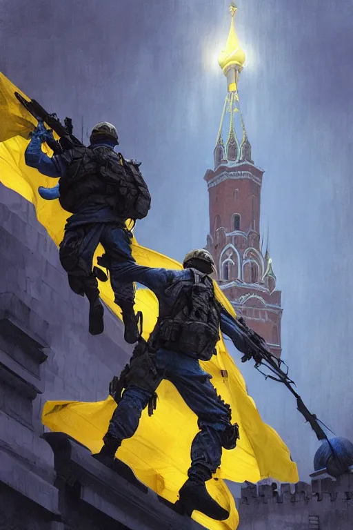 Image similar to special forces soldier installin ukrainian blue and yellow flag on red square kremlin, masculine figure, d & d, fantasy, bright atmosphere, volumetric lights, intricate, elegant, extremely detailed, digital painting, artstation, concept art, matte, smooth, sharp focus, hyper realistic, illustration, art by artgerm and greg rutkowski and alphonse mucha