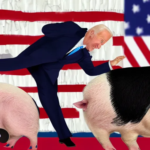 Image similar to joe biden dabbing in front of pigs