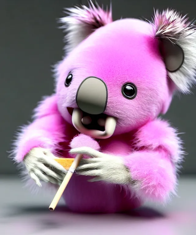 Prompt: high quality 3 d render hyperrealistic very cute small pink koala smoking weed joint, rising smoke, plush mascot, short spiky dense fluffy smooth hair, photo from the side, pink fluffy fur, 1 5 0 mm, beautiful natural soft light, rim light, vray, smooth background, artstation, ultra detailed