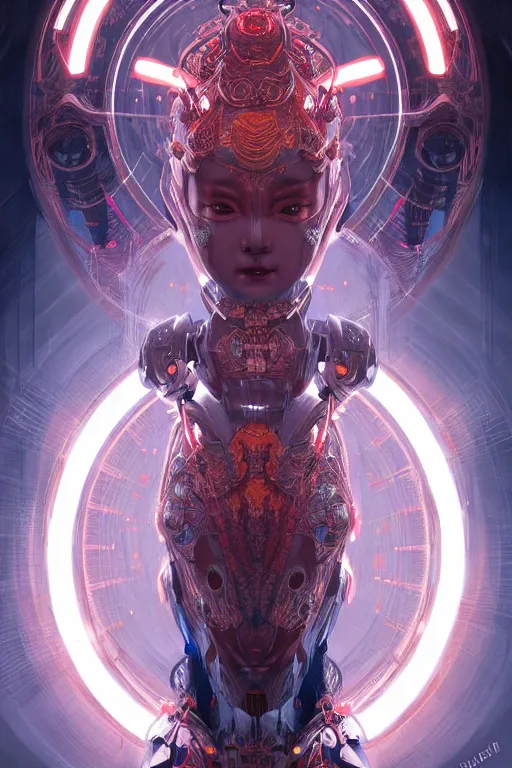 Image similar to asura from chinese myth, ghost, mecha, symmetrical. sci - fi, tech wear, glowing lights, intricate, elegant, highly detailed, digital painting, highly detailed, digital painting, artstation, concept art, smooth, sharp focus, illustration, art by artgerm and greg rutkowski and alphonse mucha