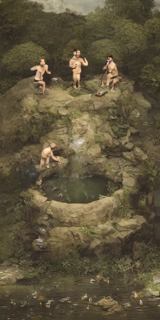 Prompt: photo of three men in a pond struggling to climb the same gigantic!!!! porcelain toilet. The three men are angry and shouting at each other. The toilet they are trying to climb is the size of an island. Flash photograph at night, 4k, highly detailed