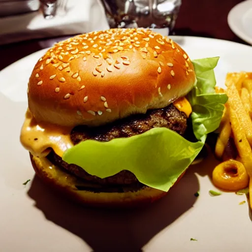 Prompt: a burger where the patty is replaced with macaroni and cheese, food photography, michelin star