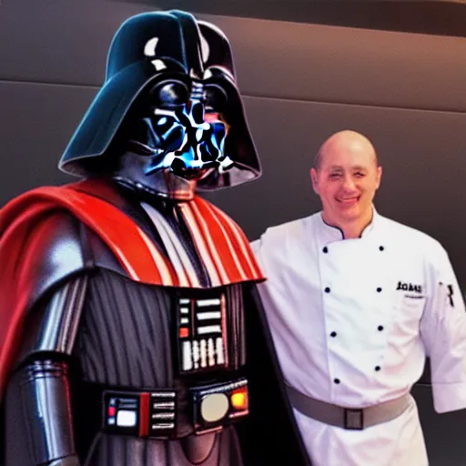 Image similar to A still of Darth Vader with a chef's hat, 4k, photograph, ultra realistic, highly detailed, professional lighting