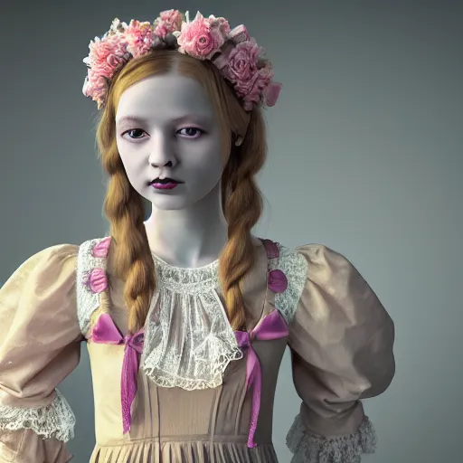 Image similar to 8 k, octane render, realism, tonalism, renaissance, rococo, baroque, cotton candy, portrait of a creepy young lady wearing long 1 9 7 0 s babydoll dress with flowers and skulls