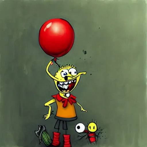 Image similar to grunge painting of spongebob with a wide smile and a red balloon by chris leib, loony toons style, pennywise style, corpse bride style, horror theme, detailed, elegant, intricate, Atmospheric phenomenon, conceptual, volumetric light