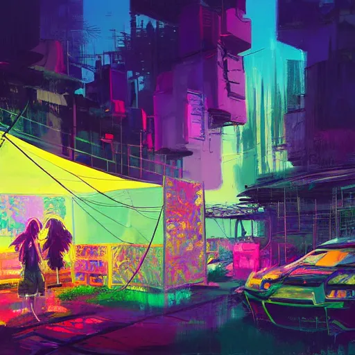 Image similar to acrylic painting, strong emotional impact, bold pastel colors, expressive brushstrokes, overall sense of movement in the composition. hippie bohemian encampment with tie - dye tents and a garden. cyberpunk art by liam wong, cgsociety, panfuturism, nature utopia, anime aesthetic