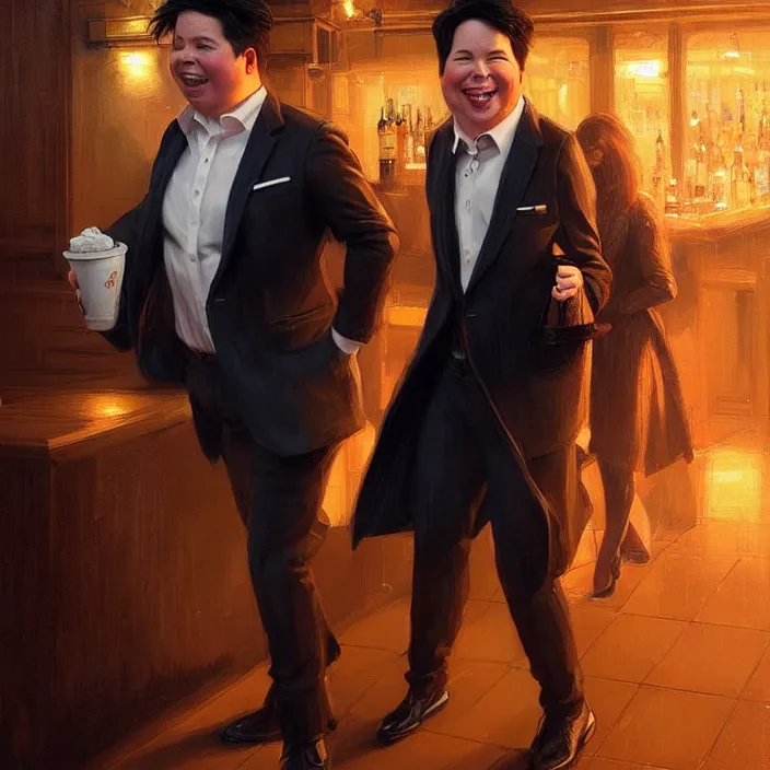 Image similar to michael mcintyre leaving a bar with with a singing waitress, elegant, real life skin, intricate artwork, high detailed, artstation, concept art, smooth, sharp focus, art by artgerm and greg rutkowski