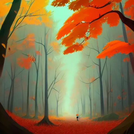 Image similar to goro fujita ilustration a forest full of leaves on the ground, tall autumn trees that let in small streaks of light to the ground, painting by goro fujita, sharp focus, highly detailed, artstation