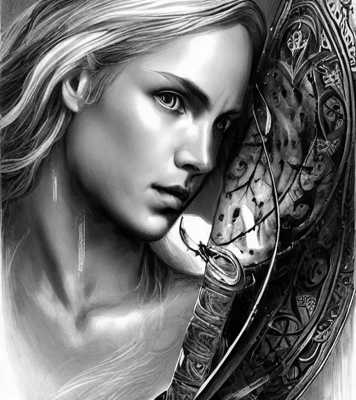 Image similar to portrait of beautiful aphrodite goddess as an archer warrior, beautiful piercing eyes, flowing blonde hair, realistic face, black and white drawing, in the style of greg rutkowski, fantasy, amazing detail, epic, intricate, elegant, smooth, sharp focus