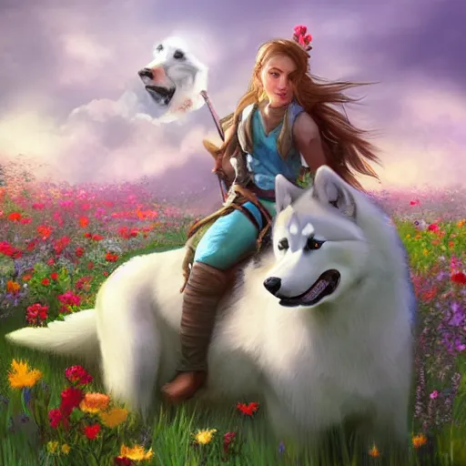 Prompt: girl riding a giant husky in a field of flowers, trending on artstation