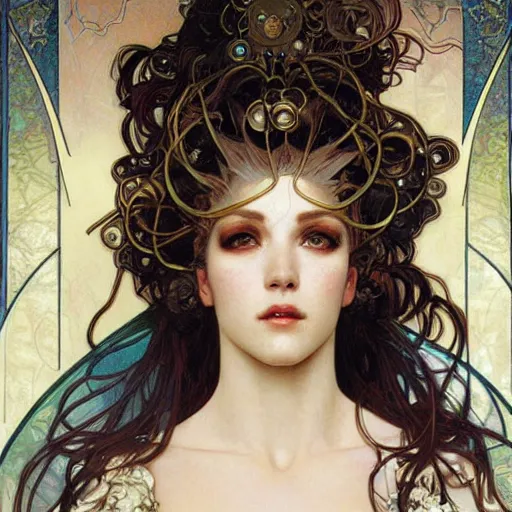 Prompt: realistic detailed face portrait of a Cyberpunk Marie Antoinette by Alphonse Mucha, Ayami Kojima, Amano, Charlie Bowater, Karol Bak, Greg Hildebrandt, Jean Delville, and Mark Brooks, Art Nouveau, Neo-Gothic, gothic, rich deep moody colors