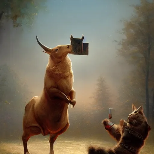 Prompt: a bull plays the balalaika sitting on a chair in a wooden house, and a cat, a goose, a dog and a hare dance around the bull by greg rutkowski and thomas kinkade, trending on artstation, 3 d art station