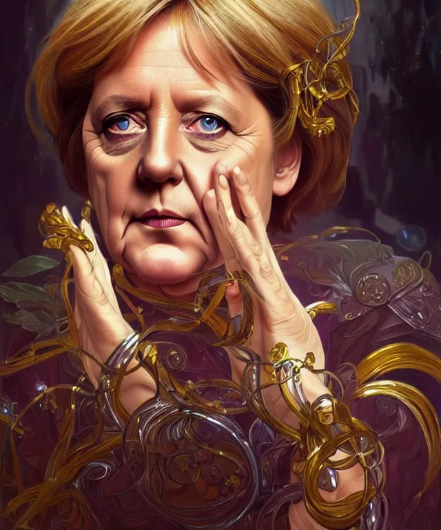 Image similar to Angela Merkel as a fantasy magic woman portrait, sci-fi, amber eyes, face, long hair, fantasy, intricate, elegant, highly detailed, digital painting, artstation, concept art, smooth, sharp focus, illustration, art by artgerm and greg rutkowski and alphonse mucha